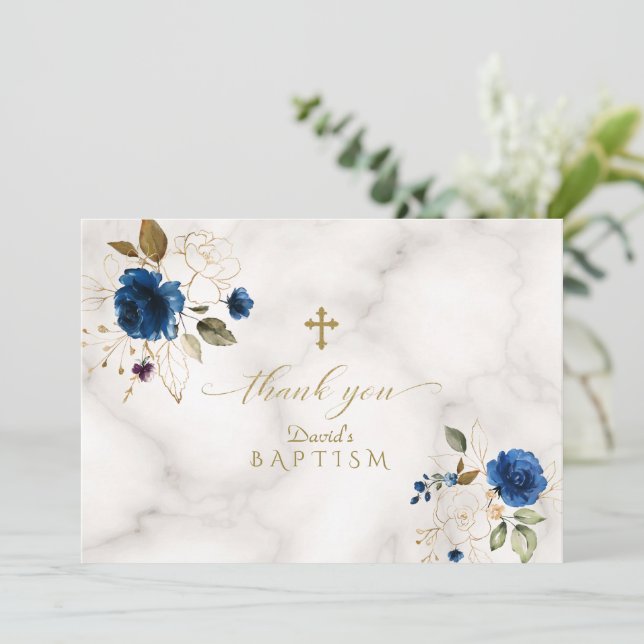 Delikate Blue Gold Blume Gold Cross Taufen Dankeskarte (Stehend Vorderseite)