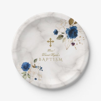 Delikate Blue Gold Blume Gold Cross Taufen Pappteller