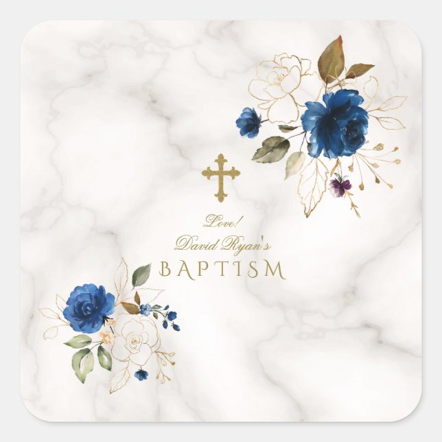 Delikate Blue Gold Blume Gold Cross Taufen Quadratischer Aufkleber (Vorderseite)