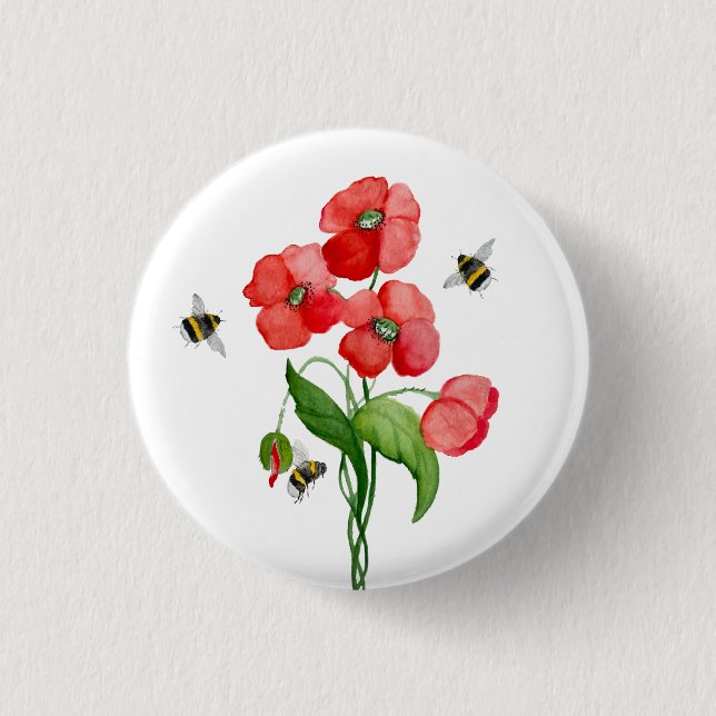 Delikate Blume aus Scharlachrot und Hummeln Button (Vorderseite)