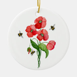 Delikate Blume aus Scharlachrot und Hummeln Keramik Ornament