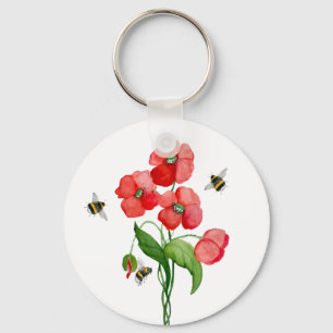 Delikate Blume aus Scharlachrot und Hummeln Schlüsselanhänger