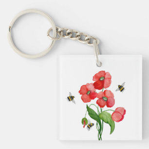 Delikate Blume aus Scharlachrot und Hummeln Schlüsselanhänger