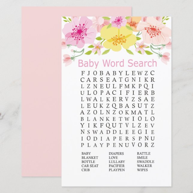 Delikate Blume Baby Shower Word Search Game (Vorne/Hinten)