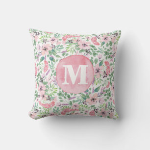Delikate Blume Lilac Pink, rot, grüne Monogramm Kissen