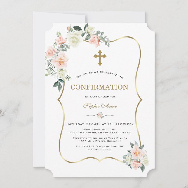 Delikate Blush White Blume Gold Bestätigung Einladung (Vorderseite)