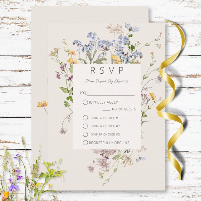 Delikate Boho Wildblumen Creme Drei Mahlzeiten RSVP Karte (Delicate Boho Wildflowers Cream Three Dinner RSVP Card)