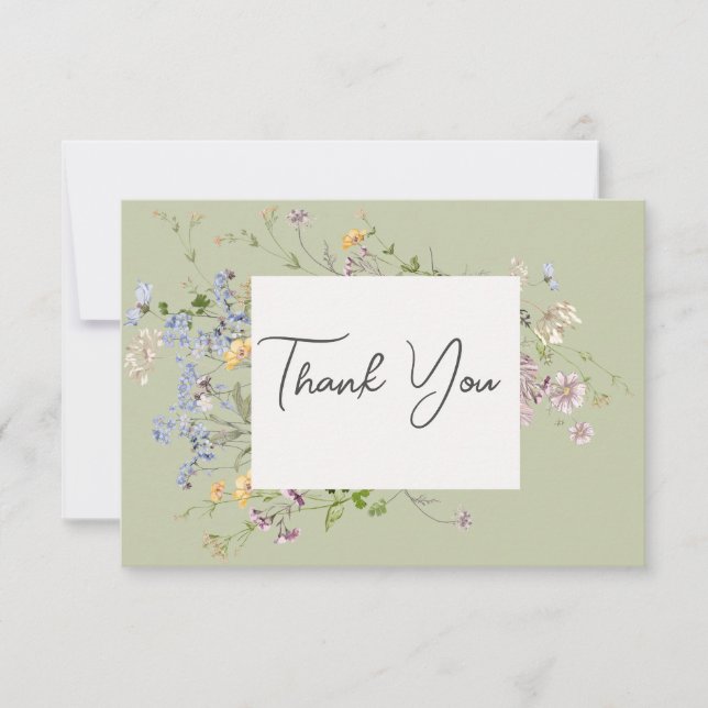 Delikate Boho Wildblumen Grüne Hochzeit Dankeskarte (Vorderseite)