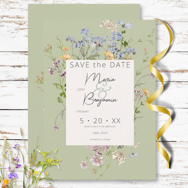 Delikate Boho Wildblumen Grüne Hochzeit Save The Date (Delicate Boho Wildflowers Green Wedding Save The Date)