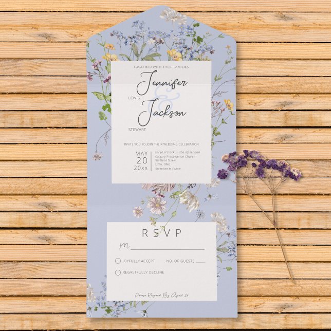 Delikate Boho Wildblumen Periwinkle Kein Abendesse All In One Einladung (Delicate Boho Wildflowers Periwinkle No Dinner All In One Invitation)