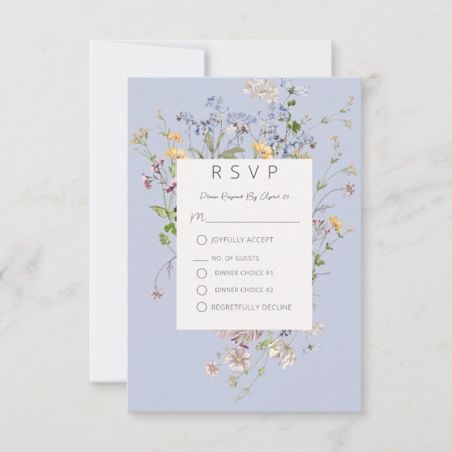 Delikate Boho Wildblumen Periwinkle Wedding RSVP Karte (Vorderseite)