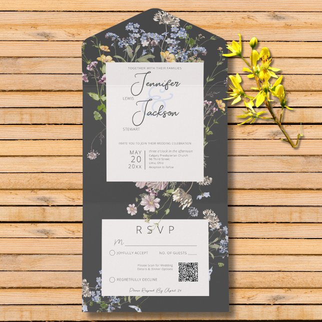 Delikate Boho-Wildblumen QR-Code All In One Einladung (Delicate Boho Wildflowers Charcoal All In One Wedding Invitation with QR Code)