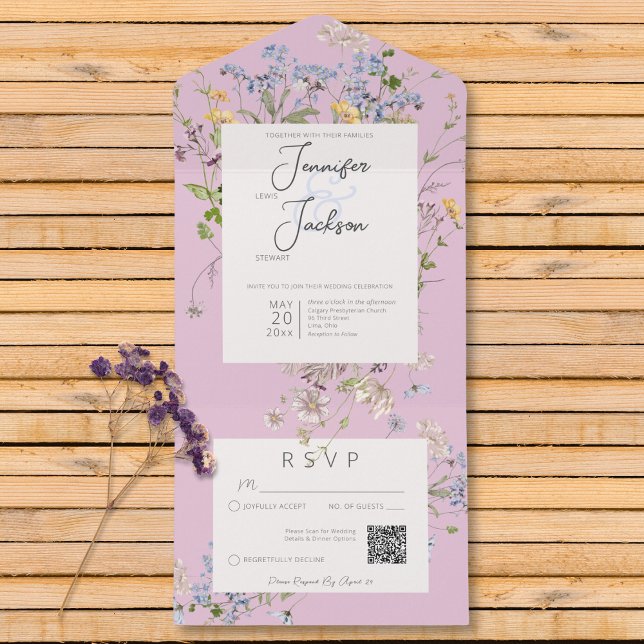 Delikate Boho-Wildblumen Rosa QR-Code All In One Einladung (Delicate Boho Wildflowers Pink QR Code All In One Invitation)