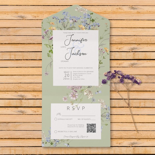 Delikate Boho-Wildblumen setzen grünen QR-Code All In One Einladung (Delicate Boho Wildflowers Sage Green QR Code All In One Invitation)