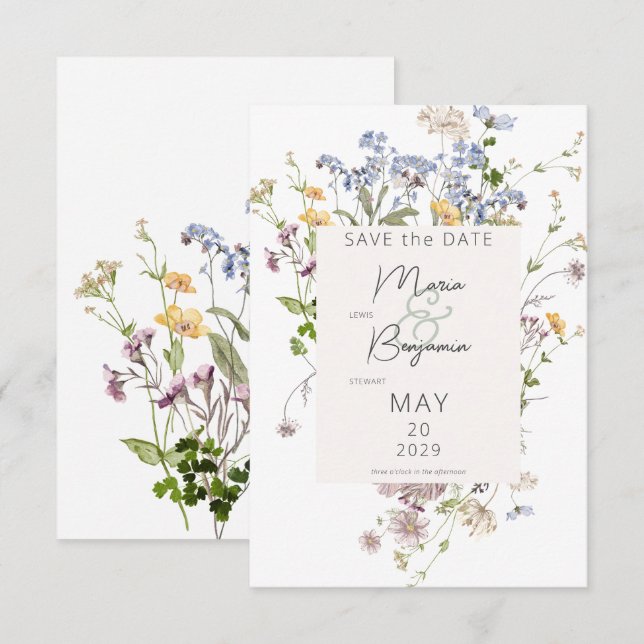 Delikate Boho Wildblumen White Wedding Save The Date (Vorne/Hinten)