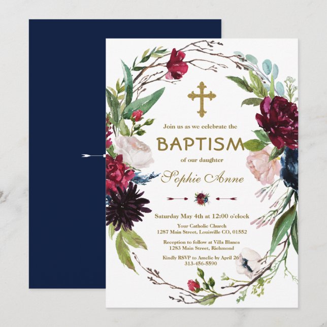 Delikate Burgundy Blue Floral Wreath Girl Taufe Einladung (Vorne/Hinten)