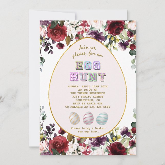 Delikate Burgundy Blume Gold Ei Hunt Osterfest Einladung (Vorderseite)