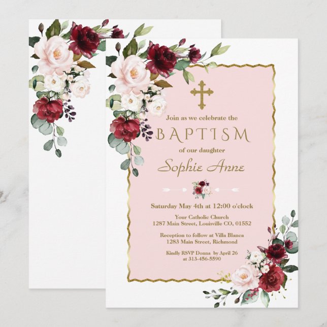 Delikate Burgundy Blush Blume Gold Cross Taufen Einladung (Vorne/Hinten)