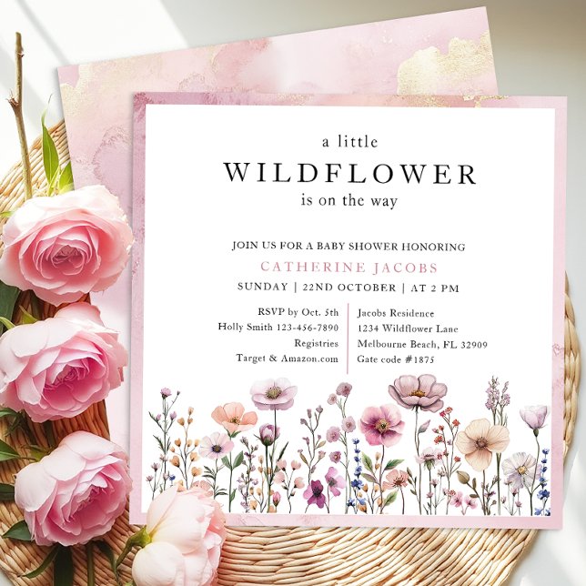 Delikate Dusty Pink Wildblume Kinderdusche Einladu Einladung (Watercolor Wildflower Baby Shower Invitation)