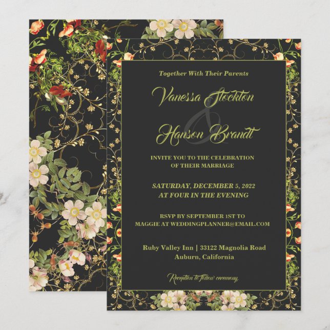 Delikate Einladung zur Hochzeit mit Blumen und Gol (Vorne/Hinten)