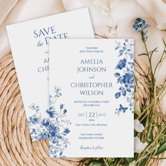 Delikate, elegante Hochzeitsinie in blauen Farben Einladung