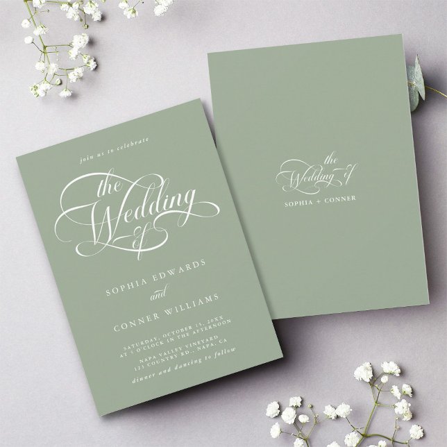 Delikate, elegante Script Wedding Sage Green Einladung (Front & Back)