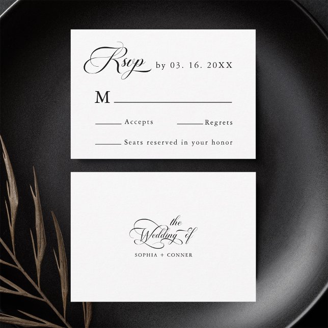 Delikate Elegante Wedding Black & White RSVP Karte (Front & Back)