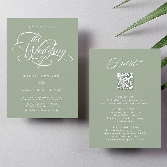 Delikate Elegante Wedding Sage Green All in one Einladung (Front & Back)