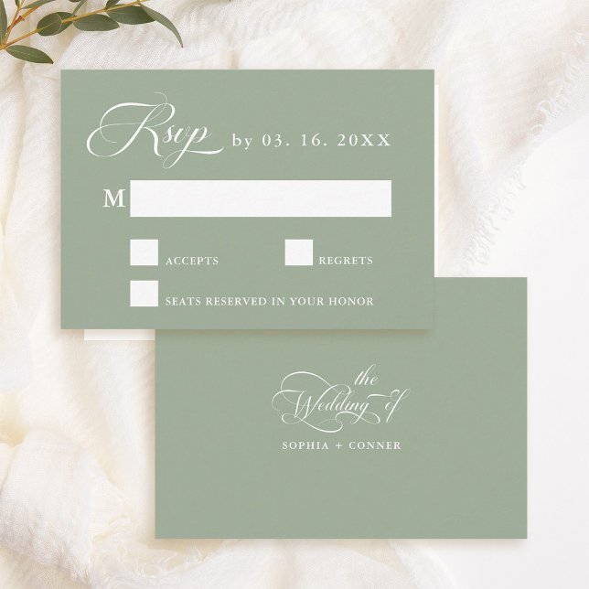 Delikate Elegante Wedding Sage Green RSVP Karte (Front & Back)