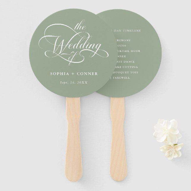 Delikate Elegante Wedding Timeline Sage Green Fächer (Vorne und Hinten)