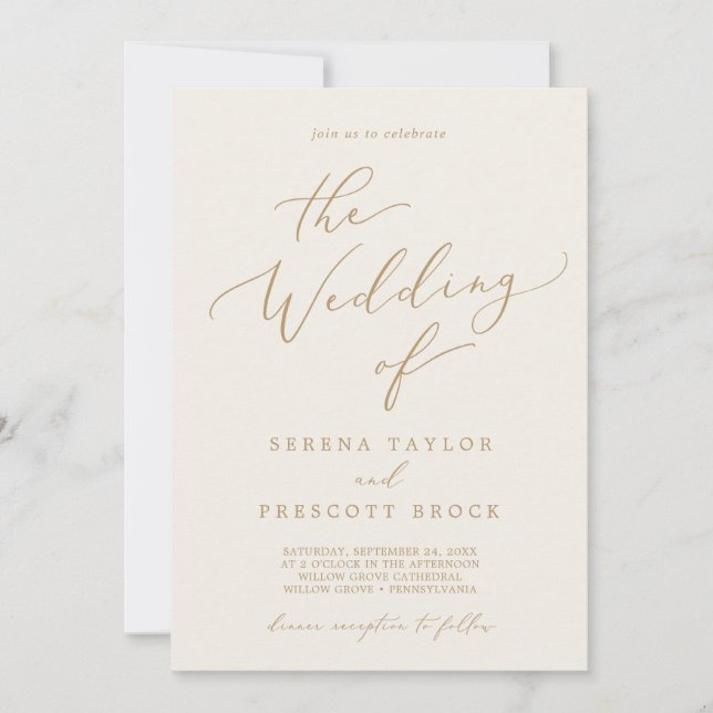 Delikate Empfang Hochzeit mit Gold und Creme Einladung (Vorderseite)