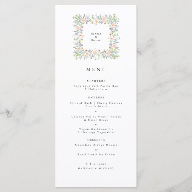 Delikate florale Aquarell Hochzeitsmenü Menükarte (Vorderseite)