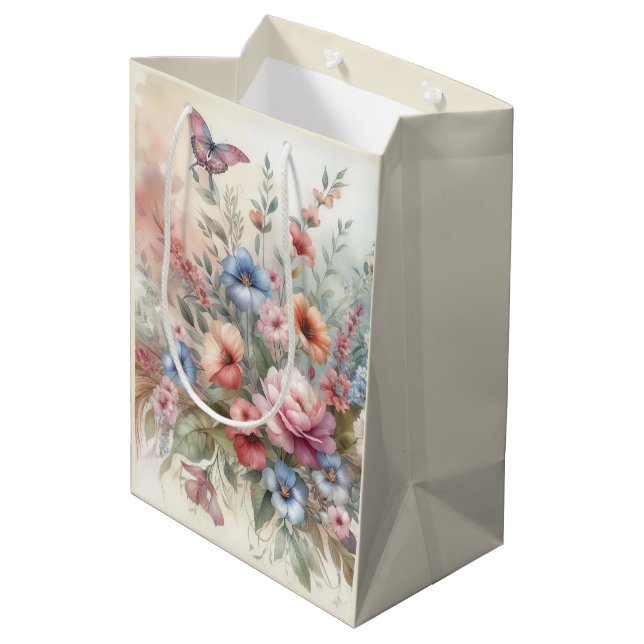 Delikate Florals und Schmetterlinge Mittlere Geschenktüte (Rückseite Schrägansicht)