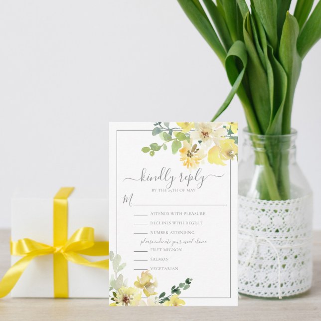 Delikate gelbe Blumenzange Grüne Sommerhochzeit RSVP Karte (Von Creator hochgeladen)