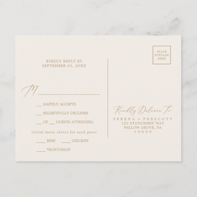 Delikate Gold Calligrafy Creme Menu UAWG Postkarte (Rückseite)