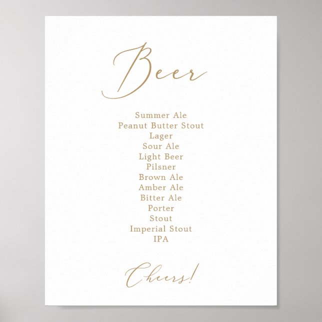 Delikate Gold Calligraphy Wedding Beer Menu Sign Poster (Vorne)