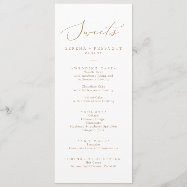 Delikate Gold Calligraphy Wedding Süßigkeiten Menu Menükarte (Vorderseite)