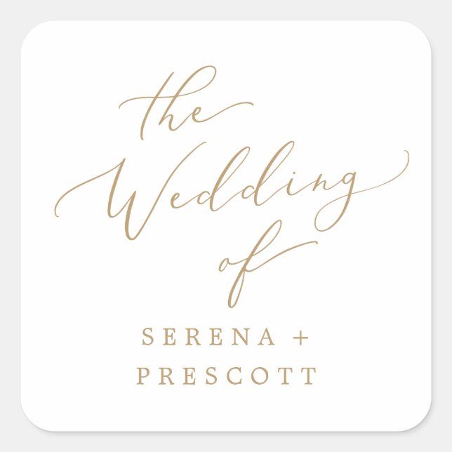Delikate Gold Calligraphy Wedding Umschlag Aufkleb Quadratischer Aufkleber (Vorderseite)