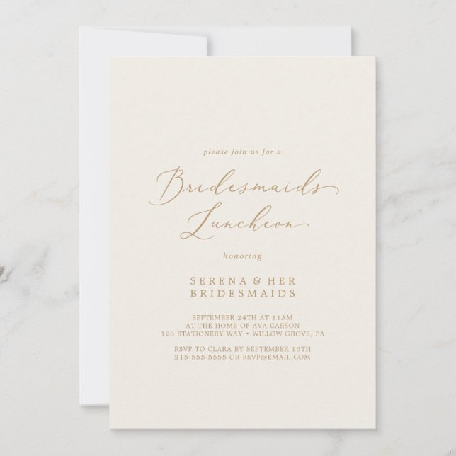 Delikate Gold und Creme Bridesmaids Luncheon Einladung (Vorderseite)