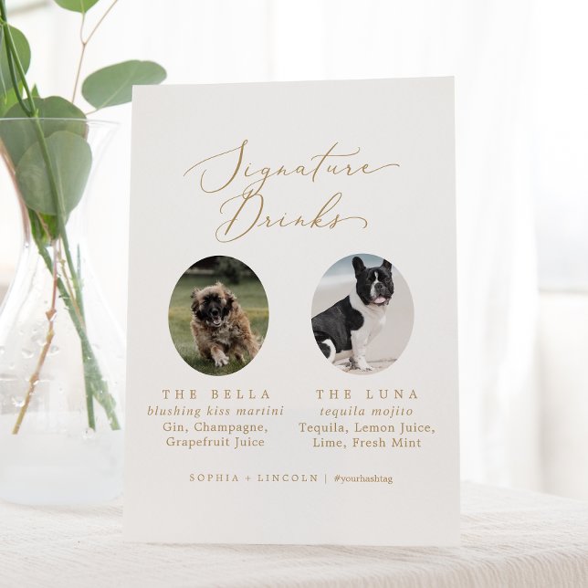 Delikate Gold Wedding Hund Foto Signature Drinks Sockelschild (Von Creator hochgeladen)