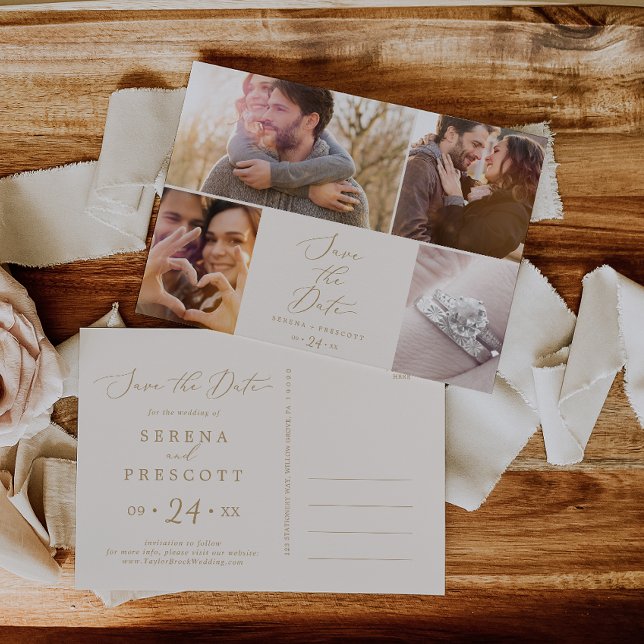 Delikate Goldcreme 4 Foto-Vorlage Save the Date Einladungspostkarte (Von Creator hochgeladen)