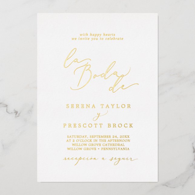 Delikate Goldfusskalligrafie La Boda De Wedding Folieneinladung (Vorderseite)