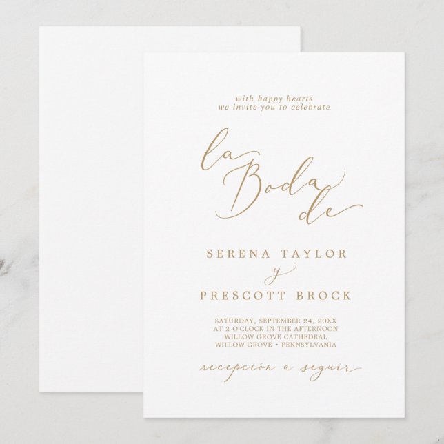 Delikate Goldkalligrafie La Boda De Wedding Einladung (Vorne/Hinten)
