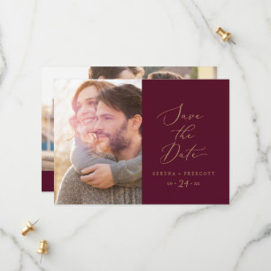 Delikate Goldkalligraphie   Burgund-Foto Save The Date