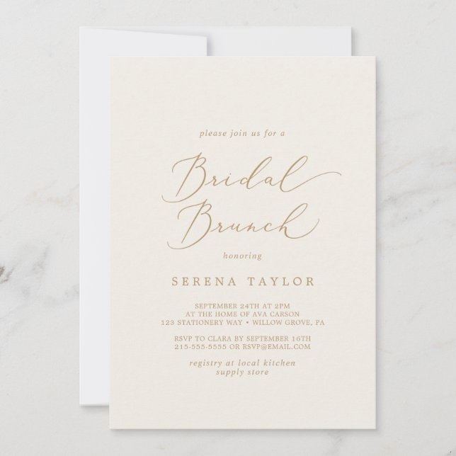 Delikate Goldkalligraphie | Cream Bridal Brunch Einladung (Vorderseite)