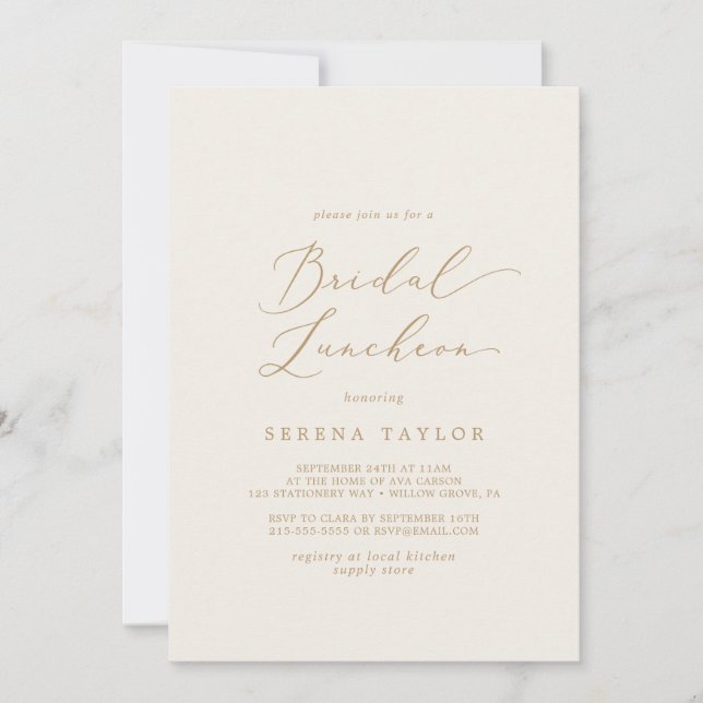 Delikate Goldkalligraphie | Cream Bridal Luncheon Einladung (Vorderseite)