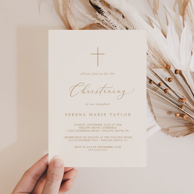 Delikate Goldkalligraphie Cream Cross Christening Einladung (Von Creator hochgeladen)