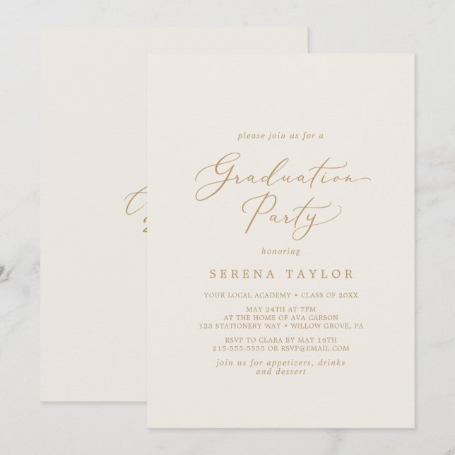 Delikate Goldkalligraphie | Cream Graduation Party Einladung (Vorne/Hinten)