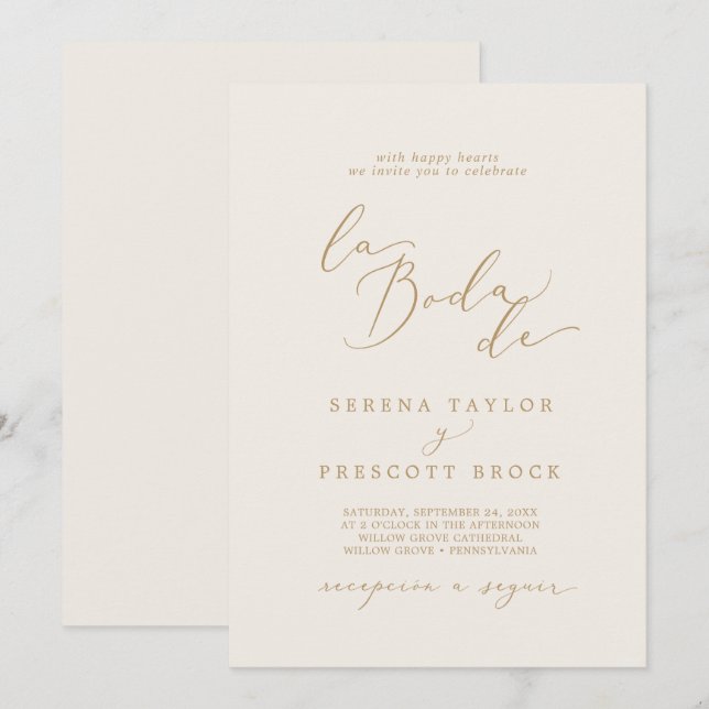 Delikate Goldkalligraphie Cream La Boda De Wedding Einladung (Vorne/Hinten)