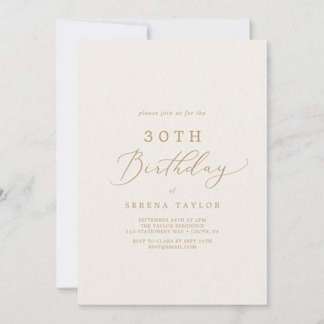 Delikate Goldkalligraphie | Creme 30. Geburtstag Einladung (Vorderseite)